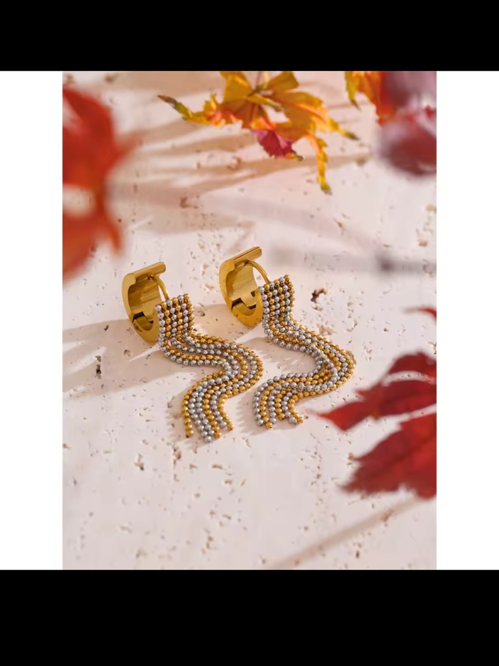 Two-Tone Beaded Fringe Hoop Earrings - Picture 4 of 4